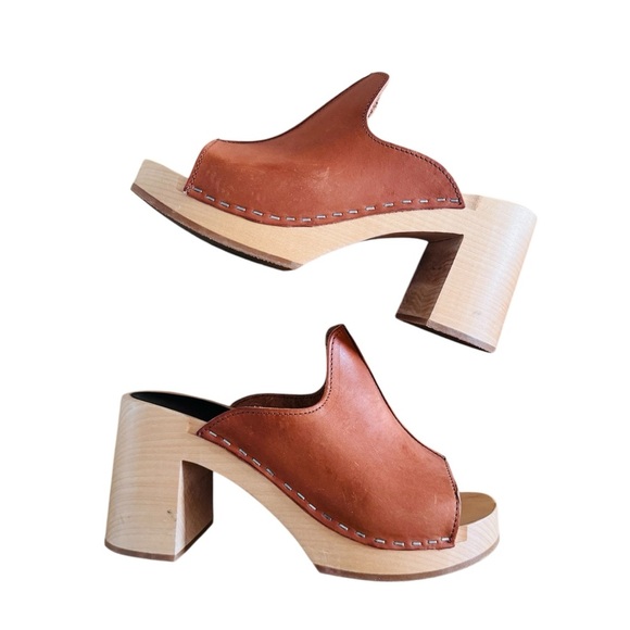 Swedish Hasbeens Clogs Ann Slip On Leather Women’s  Tan Slide Sandals brown - Picture 8 of 9